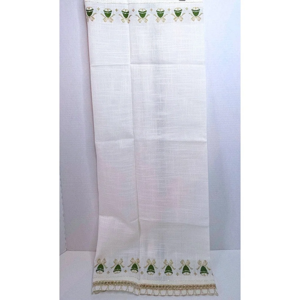 VTG Jolentex West Germany Table Topper Embr. Christmas Green Gold Bells 32X32